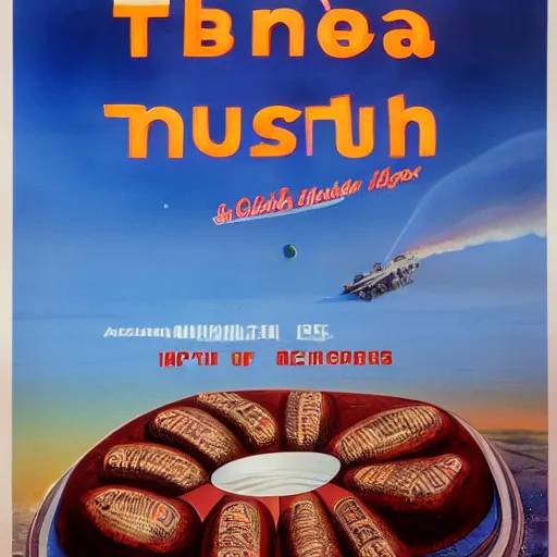 Image similar to Super high resolution, hyper-realistic, 8K, ray-traced, Film publicity poster for 1970s disaster movie of Earth being stuck by giant Tunnocks marsh mellow