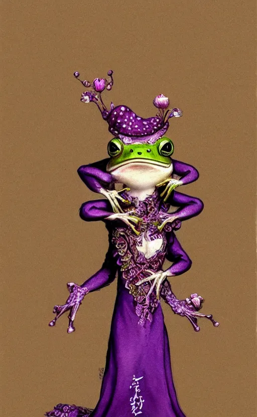 Image similar to cute purple female frog in enchanted rococo hanbok, full character, concept art, trending on artstation, in the style of alexander mcqueen, alexander jansson, jean - baptiste monge, george frederic watts