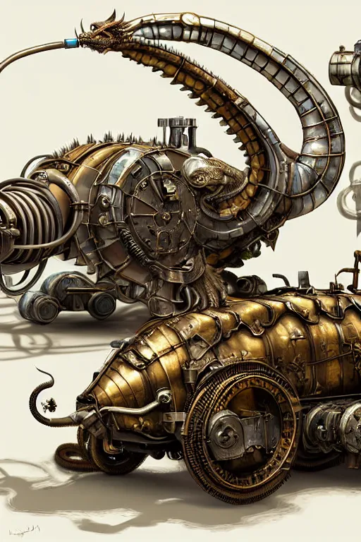 Image similar to hyper realistic dragon lying down with steam punk tanks and tubes and breathing apparatus on its back, white background, full frame, art byjon foster