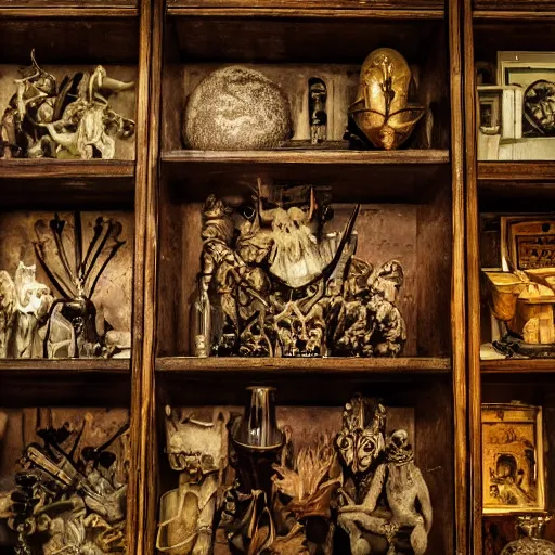 Image similar to cabinet of oddities and curiosities, esoteric, hd award cinematic photography, dramatic lighting