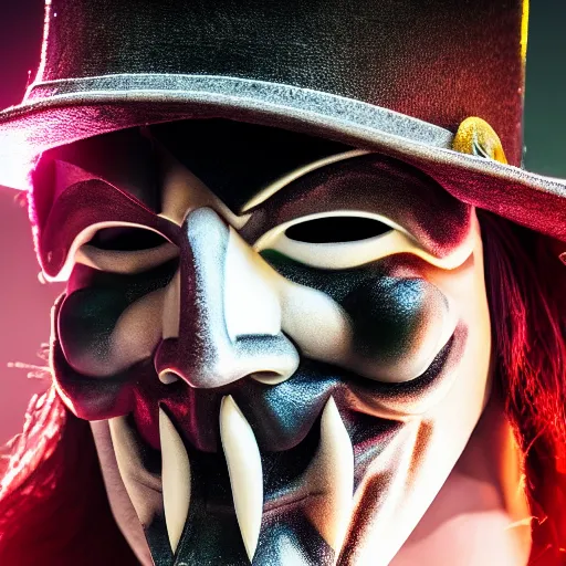 Image similar to man wearing guy fawkes mask, professional cosplay, cinematic, key light, 4 k, 8 k, photorealistic, ultra realistic, hyperrealistic