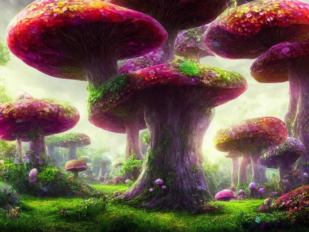 Prompt: a beautiful otherworldly fantasy landscape of giant mushroom trees forming canopies over bright colorful mythical floral plants, like alice in wonderland, rendering, cryengine, deep color, vray render, cinema 4 d, cgsociety, bioluminescent