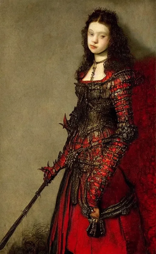 Prompt: Gothic princess in dark and red dragon armor. By Rembrandt painting (1667), highly detailded