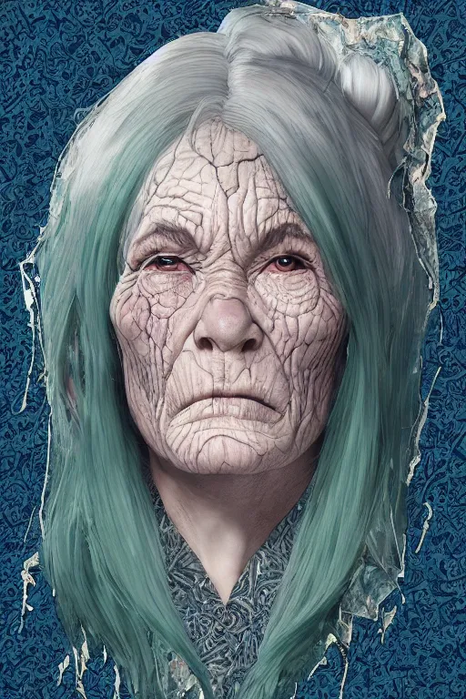 Image similar to portrait of a old woman with cracked manatee skin. dark blue-green hair, dark flower pattern wallpaper background, high detail, by Eddie Mendoza