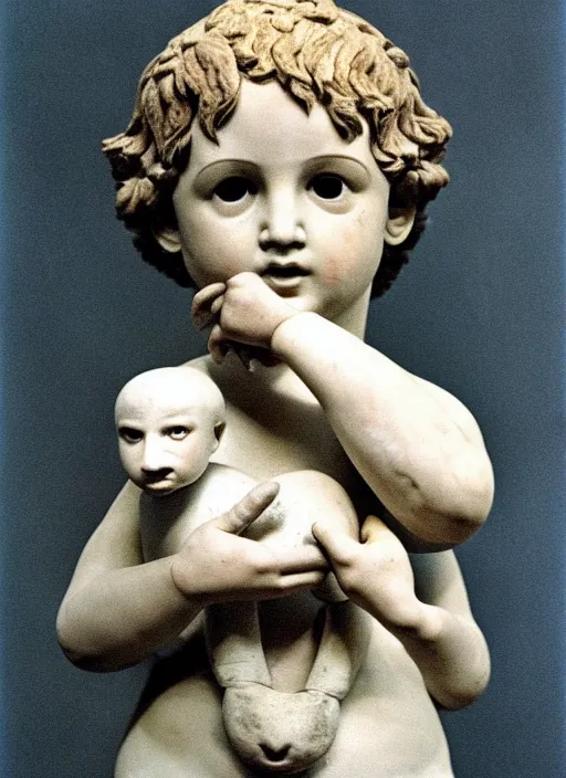 Image similar to realistic photo of a a boy with a pigeons, ancient greek sculpture realistic doll made of white detailed clay and black wooden brushwood, 1 9 6 0, life magazine photo, natural colors, metropolitan museum, kodak