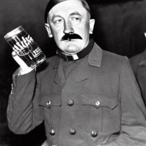 Image similar to Adolf Hitler as a prisoner, drinking a beer