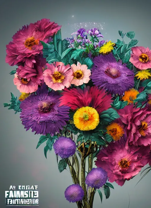 Prompt: An epic fantastic realism comic book style painting of the most beautiful flowers launched across the galaxy, bouquets, fisheye lens, unreal 5, DAZ, hyperrealistic, octane render, dynamic lighting