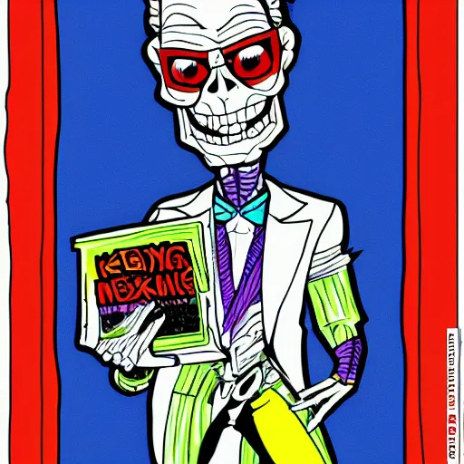Image similar to larry - king dressed like skeletor comic - book drawing from mad - magazine pen and ink with full - color artwork, vector svg