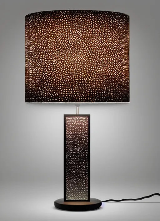 Image similar to A table lamp with a heavy base, and a fabric lampshade designed by Petros Afshar