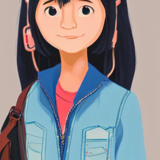 Image similar to upper half portrait, of a anthropomorphic asian girl wearing a denim jacket, in the style of zootopia, far shot, 5 feet away