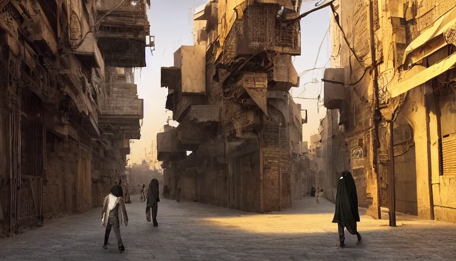 Prompt: old jeddah city alley, roshan, shops, a big magical glowing time portal, a nomad wearing a worn out coat, plants, kids, dramatic lighting sci fi, by caspar david friedrich by beeple and james gilleard and justin gerard, centered, artstation, smooth, sharp focus, photoreal octane render, 3 d, by jean baptiste monge