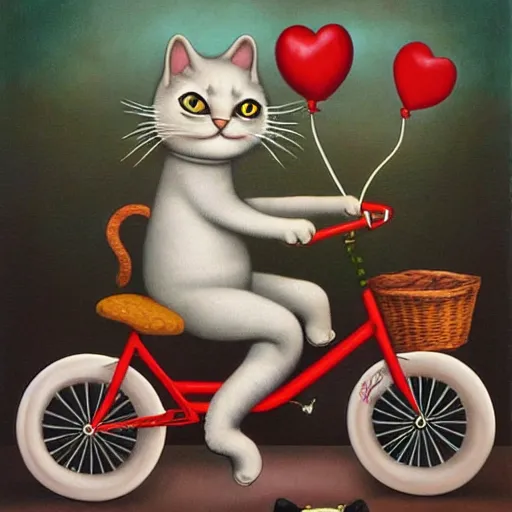 Image similar to ! dream a cat and a child on a tandem bike, lowbrow painting by mark ryden