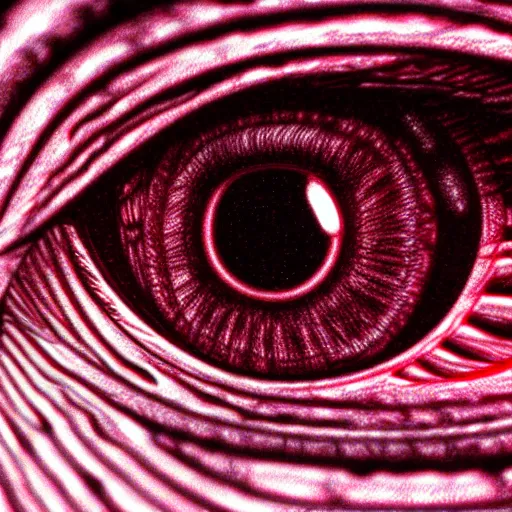 Image similar to a detailed extremely close up of inside the iris, cornea, red image, microscopic, extremely close up drawing by junji ito, cgsociety, generative art, lovecraftian, parallax, cosmic horror, extremely detailed, hyperrealism, unreal engine, octane render, award winning, masterpiece, highly detailed, realistic, 4 k, digital