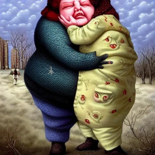 Image similar to there's an infant clinging to his overweight mother in the cold as they go to shop for cigarettes, lowbrow painting by mark ryden