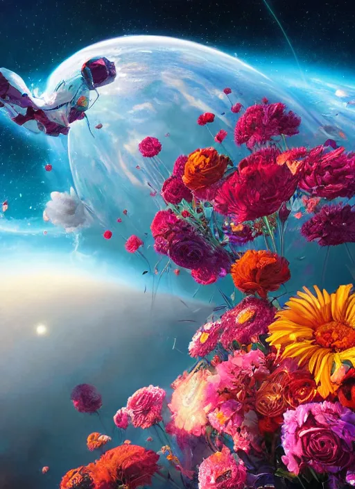 Image similar to An epic fantastic realism comic book style painting of the most beautiful flowers launched into space, bouquets, glorious galactic collision, sharp focus, fisheye, unreal 5, DAZ, hyperrealistic, octane render, dynamic lighting