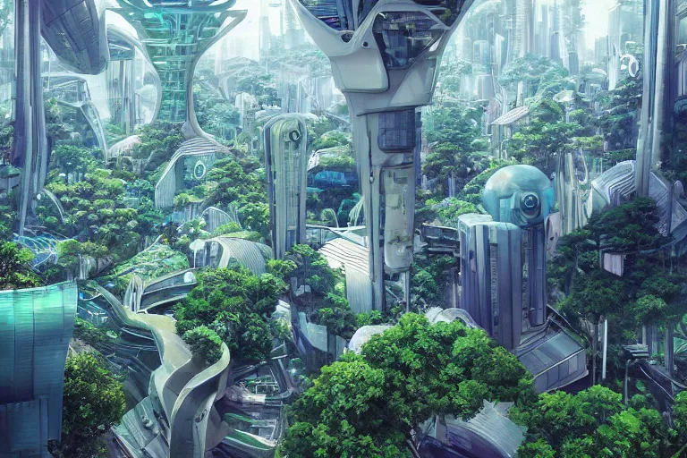 Prompt: futuristic city, lush vegetation, humid, early evening, diagonal view, geometric buildings, cloudy, beautiful, dull pastel colors, realistic, hyper detailed, octane render, trending on artstation by yoshitaka amano and makoto shinkai, studio ghibli style