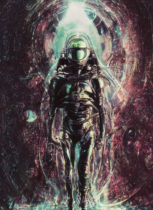 Image similar to alien astronaut in dark void underwater - complex and hyperdetailed technical suit design. reflection and dispersion materials. rays and dispersion of light. volumetric light. f / 3 2. noise film photo. flash photography. ultra realistic, 5 0 mm. poster by wayne barlowe, hajime sorayama aaron horkey, craig mullins