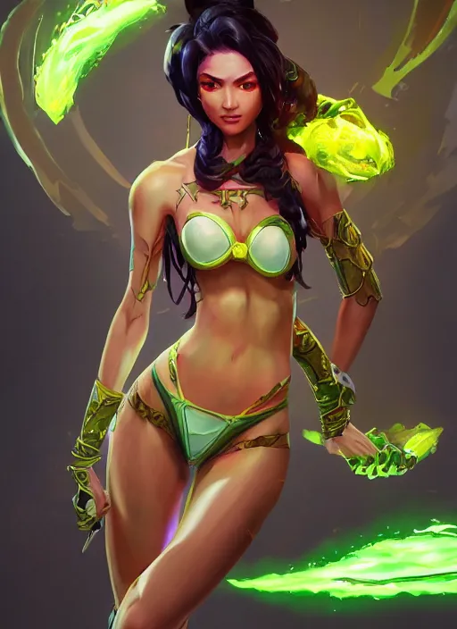 Image similar to senna from league of legends, au naturel, hyper detailed, brown skin, fluorescent green eyes, digital art, trending in artstation, cinematic lighting, studio quality, smooth render, unreal engine 5 rendered, octane rendered, art style by klimt and nixeu and ian sprigger and wlop and krenz cushart