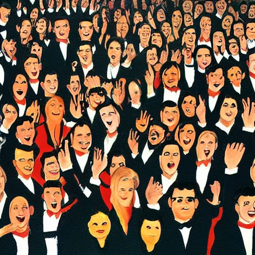 Prompt: A painting of a large group of people cheering at a rising stock chart behind them