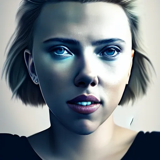 Image similar to intricate beautiful portrait of a young scarlett johansson,, hair in a ponytail, smiling softly, casual clothes, relaxing on the couch, home interior, golden hour, close up shot, 8 k, hyperreal art by irakli nadar, hyperrealism, hyperdetailed, ultra realistic