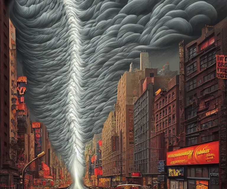 Image similar to hyper detailed 3d render like a Oil painting - a raging tornado over the streets of new york city, by Jacek Yerka, Mariusz Lewandowski, Houdini algorithmic generative render, Abstract brush strokes, Masterpiece, Edward Hopper and James Gilleard, Zdzislaw Beksinski, Mark Ryden, Wolfgang Lettl, hints of Yayoi Kasuma, octane render, 8k