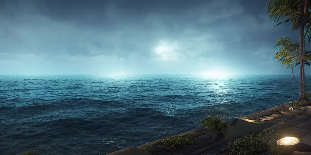 Image similar to ocean night projection, octane render, unreal engine, matte painting