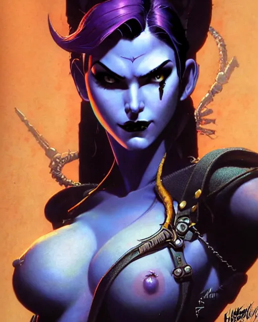 Image similar to widowmaker from overwatch, heavey metal magazine cover, character portrait, portrait, close up, concept art, intricate details, highly detailed, in the style of frank frazetta, esteban maroto, richard corben, pepe moreno, matt howarth, stefano tamburini, tanino liberatore, luis royo and alex ebel