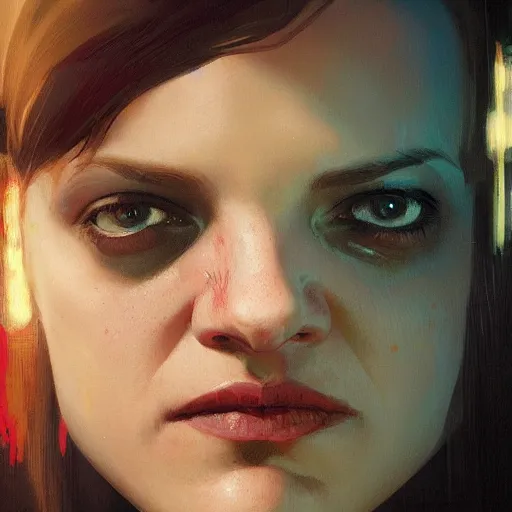 Image similar to elisabeth moss, hyperrealistic portrait, bladerunner street, art of elysium by jeremy mann and alphonse mucha, fantasy art, photo realistic, dynamic lighting, artstation, poster, volumetric lighting, very detailed face, 4 k, award winning