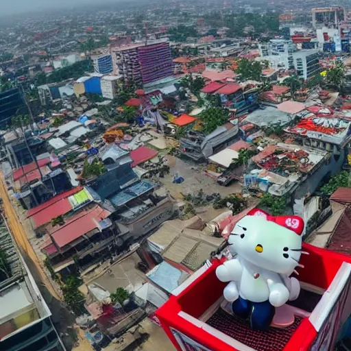 Image similar to Lucifer looking down on the Surabaya city from above when giant hello kitty battle mechas attacking