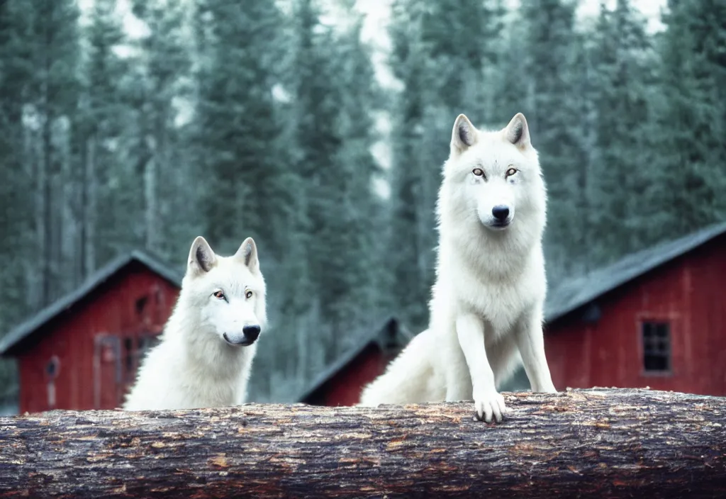 Prompt: lomo photo of a white wolf in front of a burning log cabin, cinestill, bokeh, out of focus