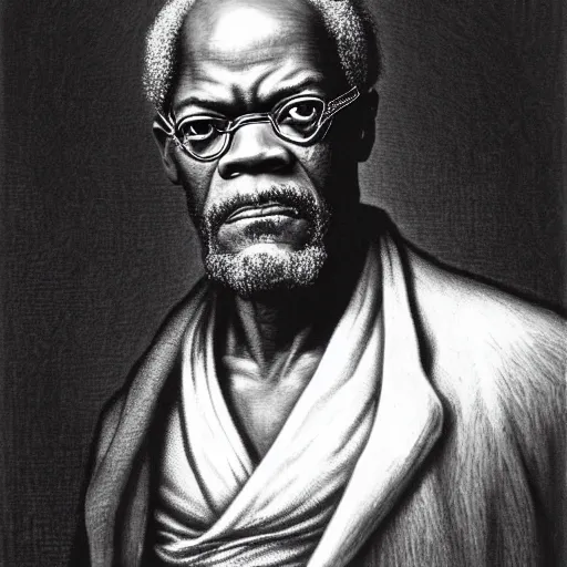 Image similar to a realistic portrait of samuel jackson, illustration by gustave dore