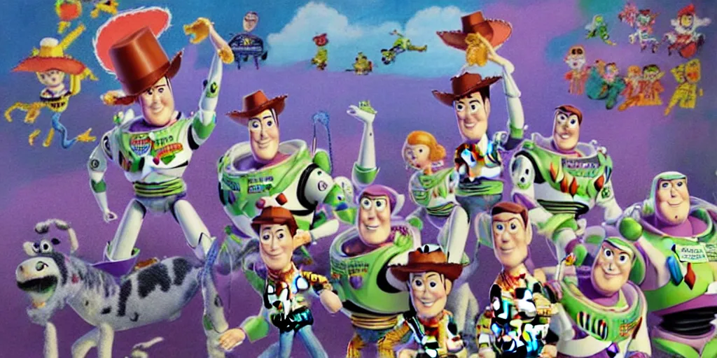 Image similar to a very high detailed painting of toy story in cyberspace