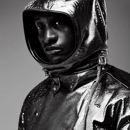 Image similar to wet plate photo, black man, silver metallic moncler jacket, dystopian metal mask,