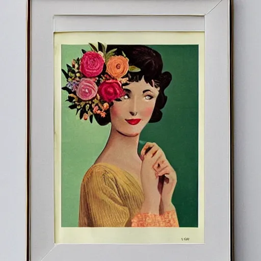 Prompt: woman with flowers,  Vintage Magazine Illustration
