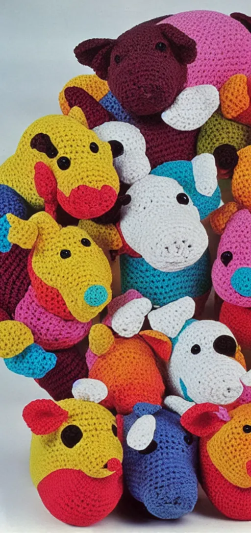 Prompt: multicolored crocheted pigs, 1 9 8 0 s catalogue photo