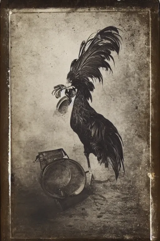 Image similar to a wet plate photo of an anthropomorphic rooster with a lute