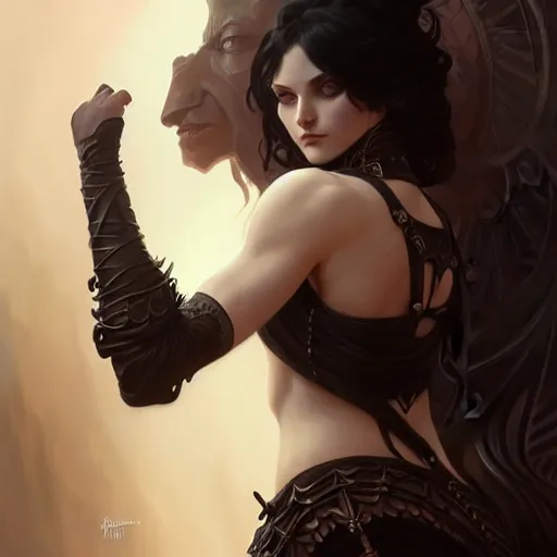 Image similar to goth gf, muscular upper body, D&D, fantasy, intricate, elegant, highly detailed, digital painting, artstation, concept art, smooth, sharp focus, illustration, art by artgerm and greg rutkowski and alphonse mucha