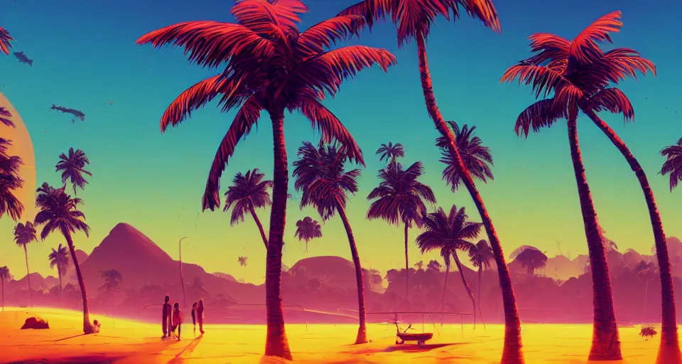 Image similar to Californian beach landscape with palmtrees and a sunset, large sunset, cinematic, synthwave style, rendered by simon stålenhag, rendered by Beeple, Makoto Shinkai, syd meade, environment concept, digital art, unreal engine, 3 point perspective, WLOP, trending on artstation, low level, 4K UHD image, octane render,