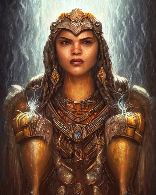 Prompt: digital painting of illapa, incan god of god of thunder lightning and rain and war, by filipe pagliuso and justin gerard, symmetric, fantasy, realistic, highly detailed, realistic, intricate, sharp focus, tarot card, portrait