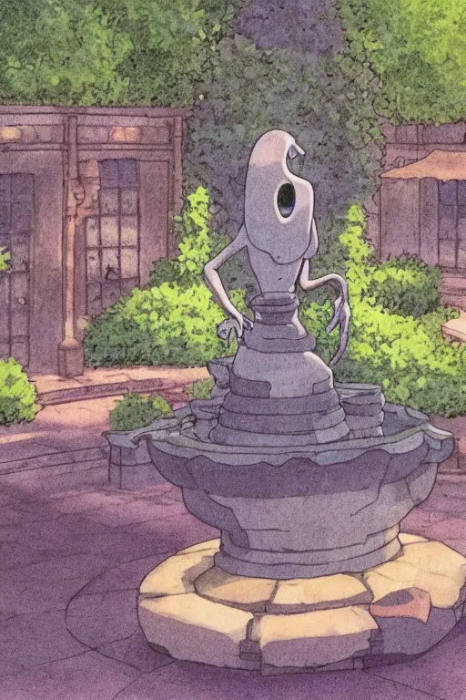 Prompt: A ghost wanders close to a stone fountain in a well planted formal flower garden at dusk studio ghibli