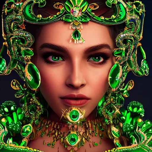 Prompt: photo of wonderful princess of emerald with fair skin, glowing, ornate and intricate green jewelry, jaw dropping beauty, eyepopping colors, dynamic lighting, glowing background lighting, green accent lighting, photorealistic, hyper detailed, award winning photography, 4 k octane render