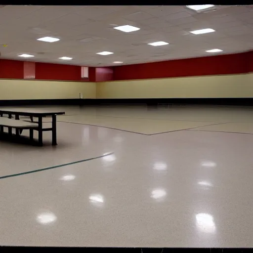 Prompt: Empty school cafeteria, grainy photograph, liminal space