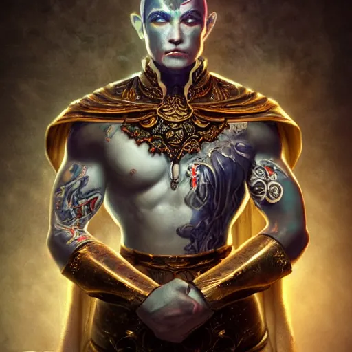 Prompt: an Artstation cinematic 4d render of Very very very very highly detailed beautiful mystic portrait of a phantom warrior with galaxy, tattoos by Anton Pieck, intricate, extremely detailed, sharp focus, intimidating lighting, incredible art,