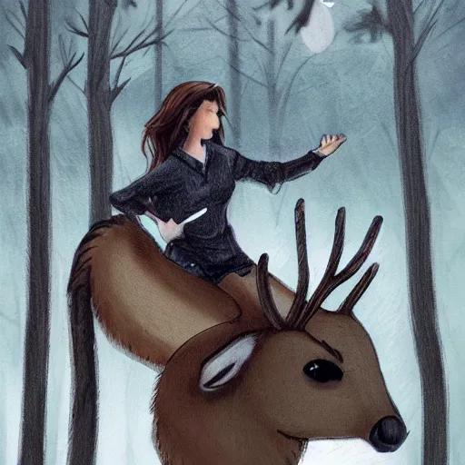 Image similar to girl riding a giant deer in the forest, trending on art station