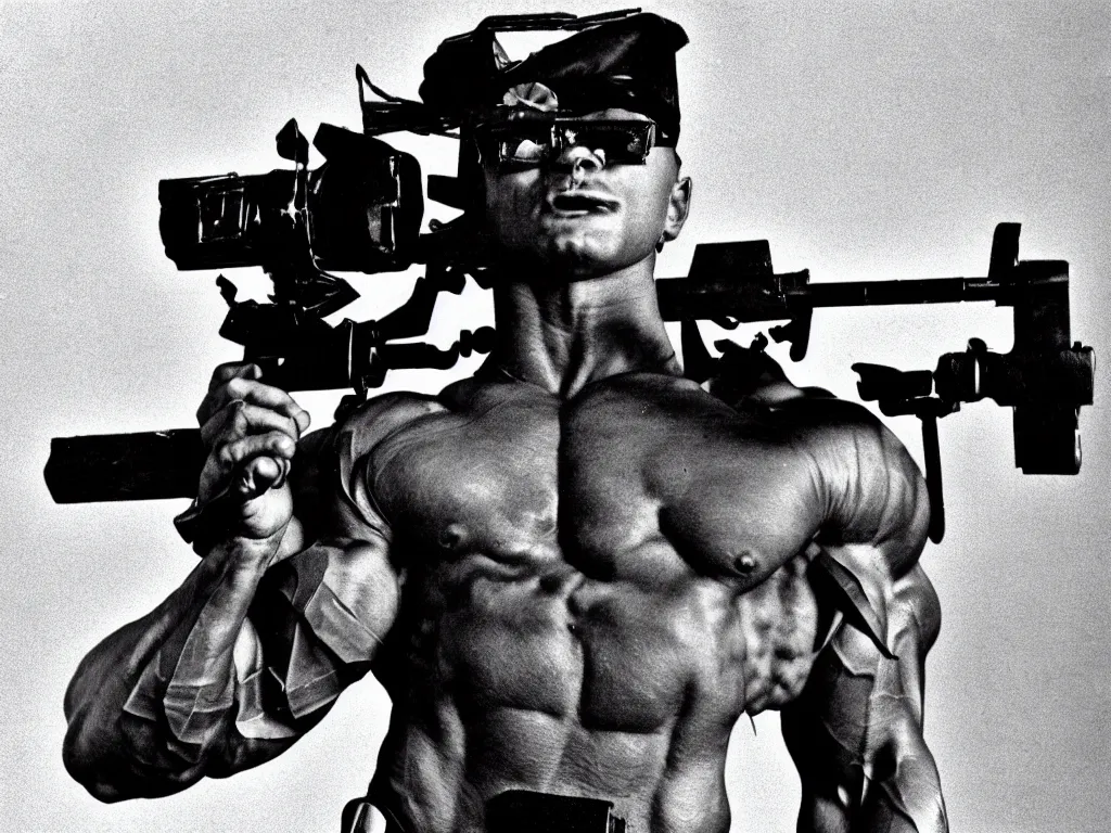 Prompt: vintage 90s VHS video still of a muscular soldier promoting a machine gun camera, retro TV, noise, hue