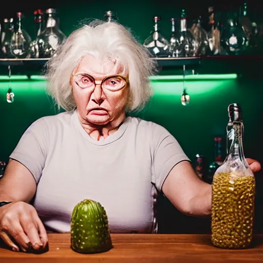 Prompt: an angry granny who got the wrong order of pickles. dimly lit bar background. editorial photography