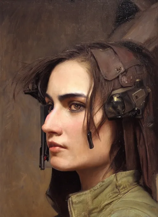 Image similar to beautiful cyberpunk pilot wearing military vest. attractive face. Iranian orientalist portrait by john william waterhouse and Edwin Longsden Long and Theodore Ralli and Nasreddine Dinet, oil on canvas. Cinematic, hyper realism, realistic proportions, dramatic lighting, high detail 4k