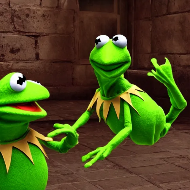 Prompt: kermit the frog in mortal kombat, videogame 3d render, 4k, artstation