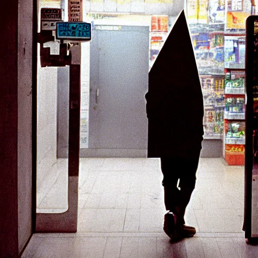 Prompt: Pyramid Head from Silent Hill working at a convenience store, cinematic, gloomy, horror, cinestill 400t film