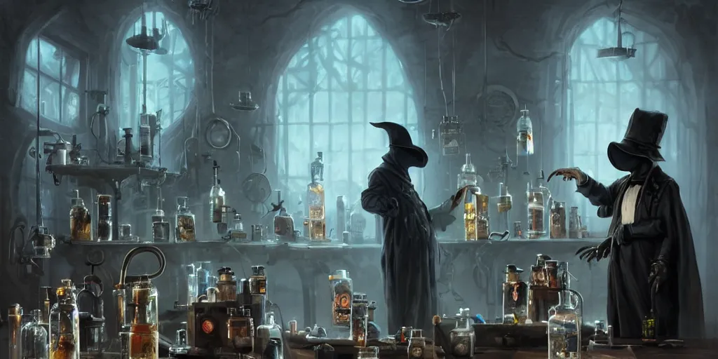 Image similar to a plague doctor and a humanoid rat in a laboratory with lots of flasks filled with magic liquids and poisonous fog, stephen bliss, unreal engine, fantasy art by greg rutkowski, loish, rhads, ferdinand knab, ilya kuvshinov, rossdraws, tom bagshaw, global illumination, radiant soft light, detailed and intricate environment